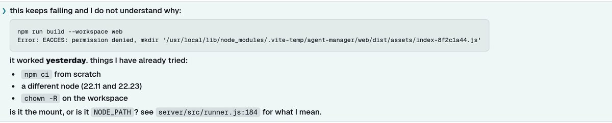A prompt with a code fence and a bulleted list