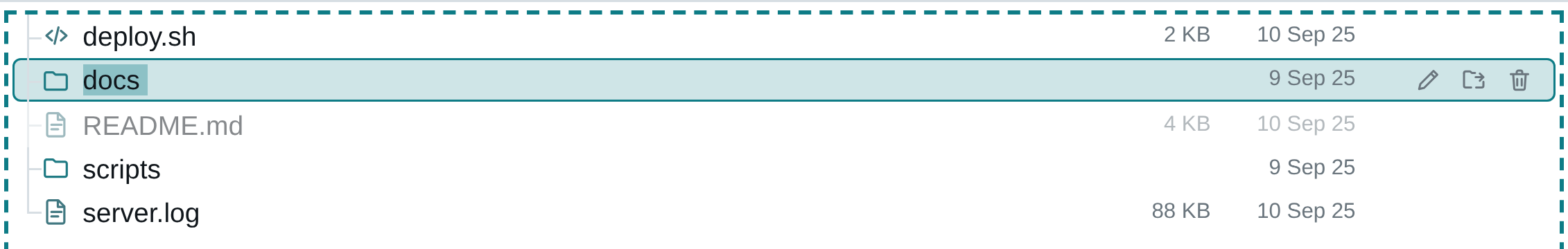 Light theme: docs focused and a drop target, README.md dimmed as the dragged row