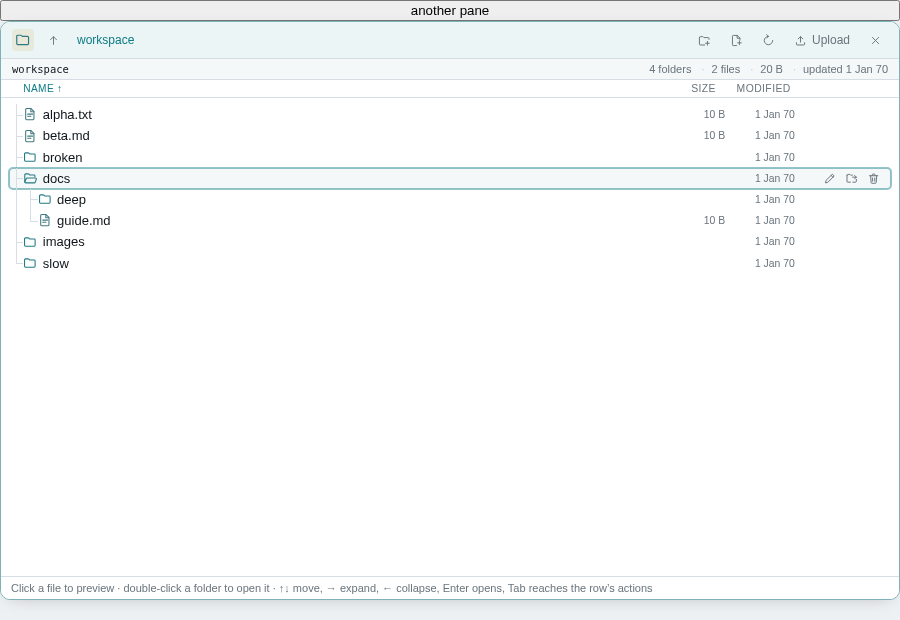 The Files listing with a folder row focused: an accent ring around the whole row and its three action buttons visible at the right