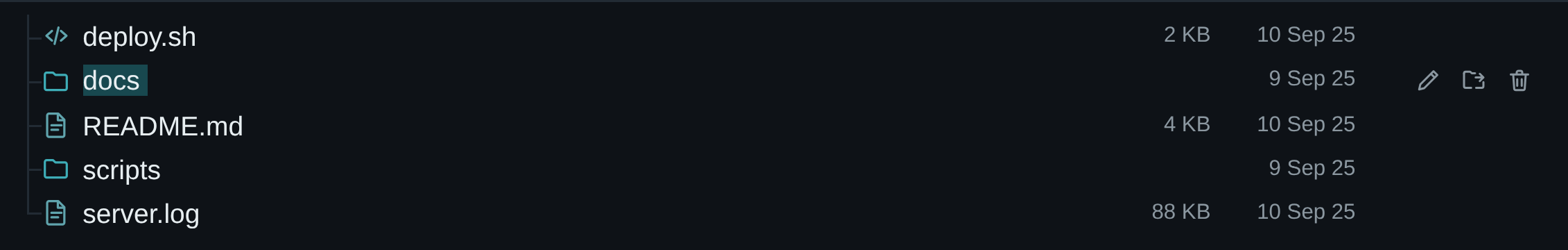 Dark theme: the docs folder row focused