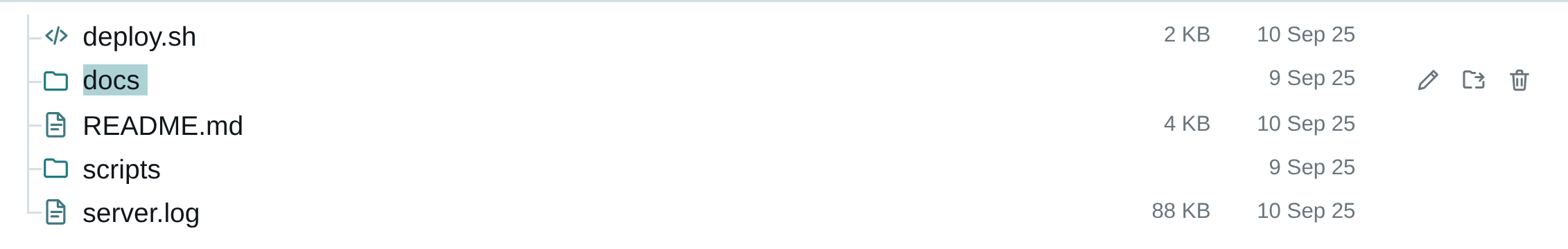 Light theme: the docs folder row focused