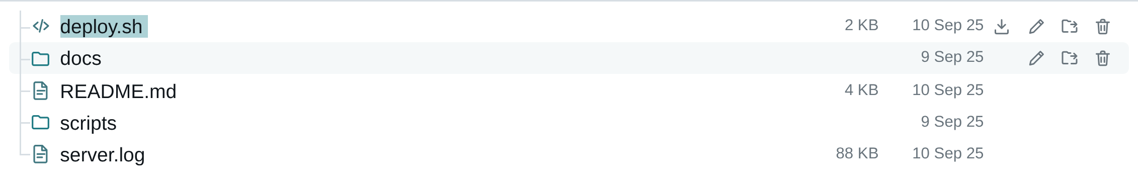 Light theme: deploy.sh focused, docs hovered