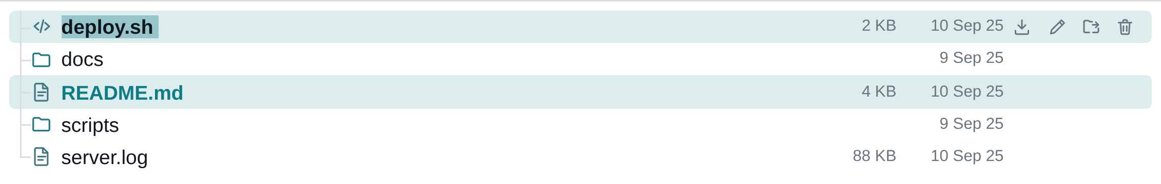Light theme: deploy.sh selected and focused, README.md selected but not focused