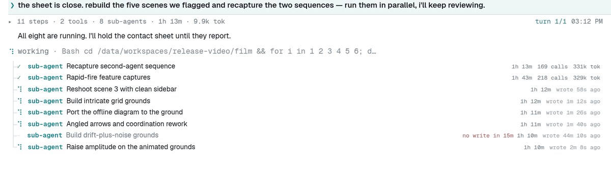 The collapsed exchange with eight sub-agent rows hanging off the working line on ASCII rails