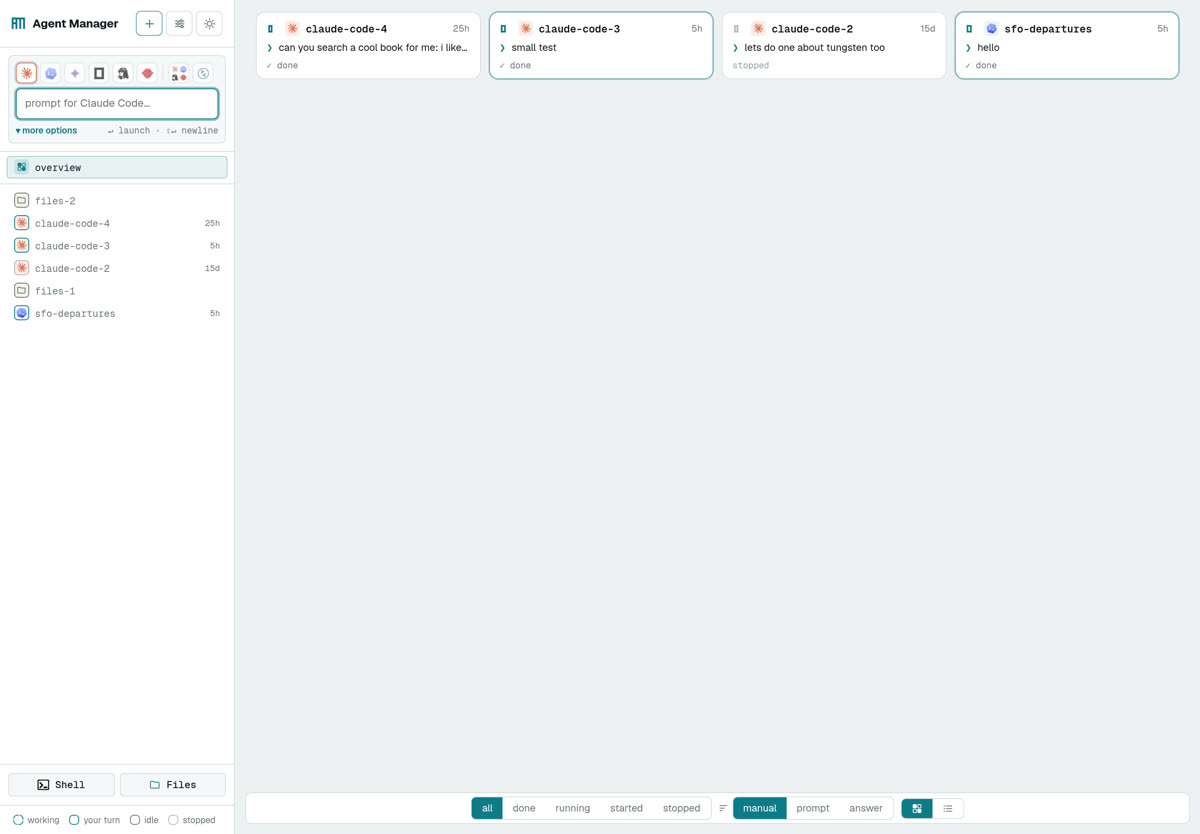 The Agent Manager launcher open, showing a row of CLI icons and a prompt field