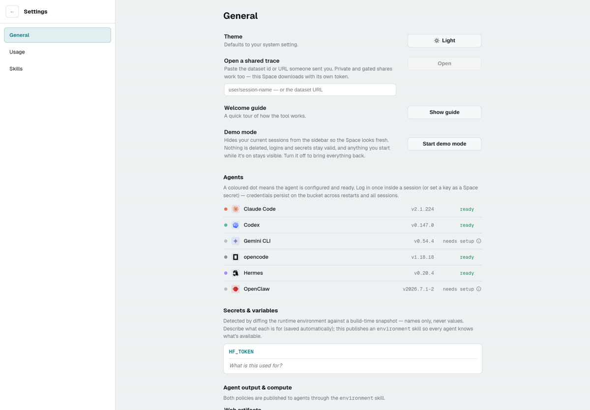 The settings panel showing theme, demo mode, agent readiness, secrets and backup options