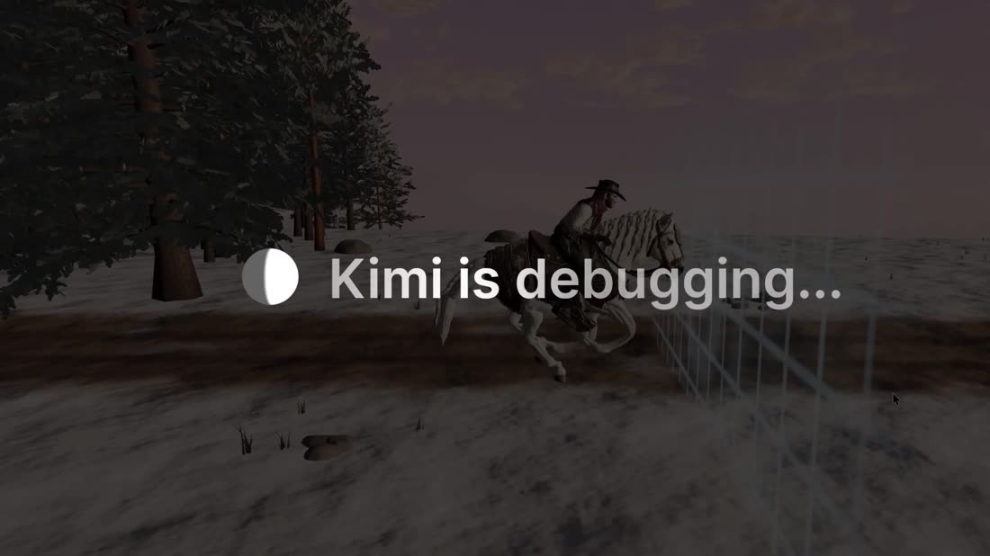 A dark overlay reading Kimi is debugging with a checklist of log lines