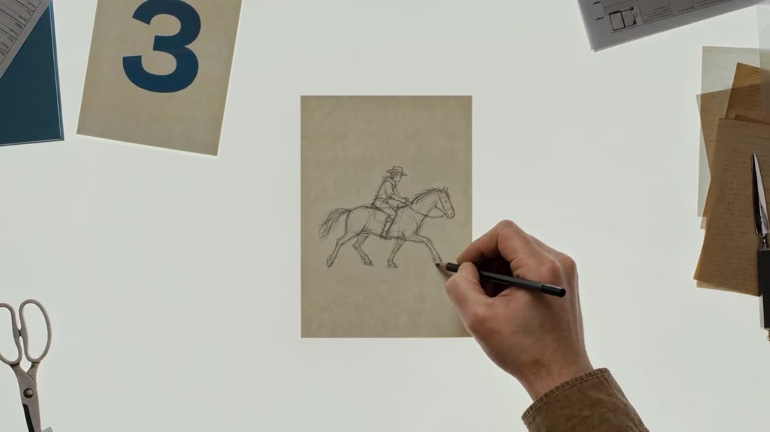 A hand sketching a horse and rider in pencil on kraft paper, surrounded by cut paper and scissors