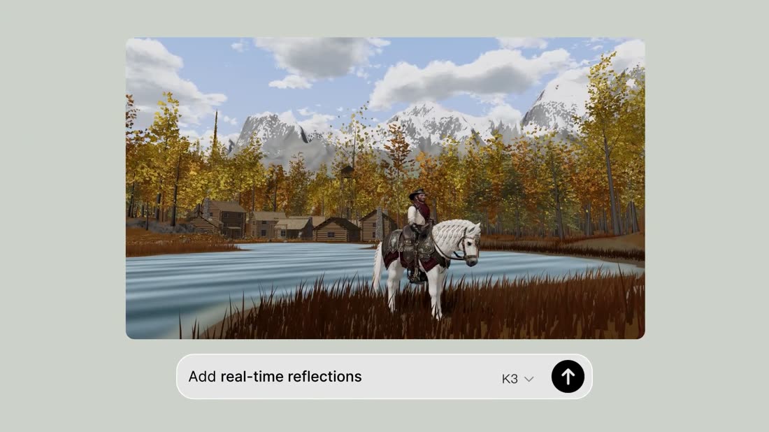 A card of rendered gameplay with a small input pill underneath reading Add real-time reflections