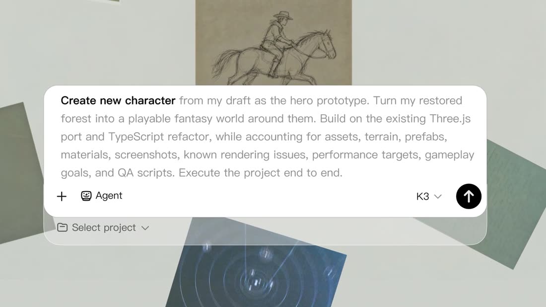 The Kimi prompt composer as a floating white card over the paper collage