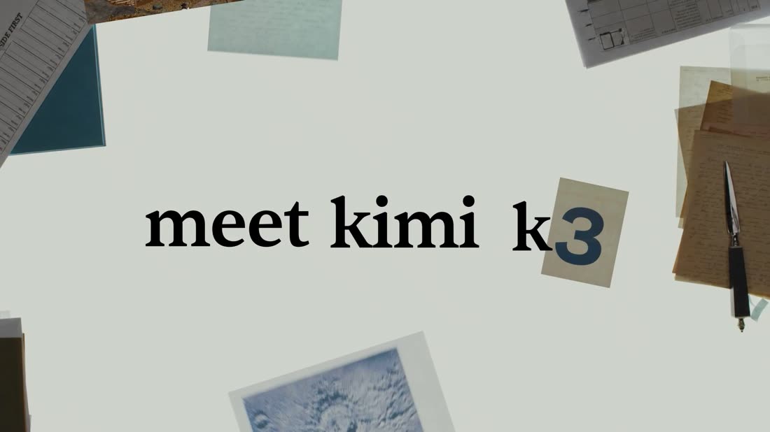 The words meet kimi k3 set in a serif on the sage paper ground, with the numeral 3 printed on a kraft paper scrap