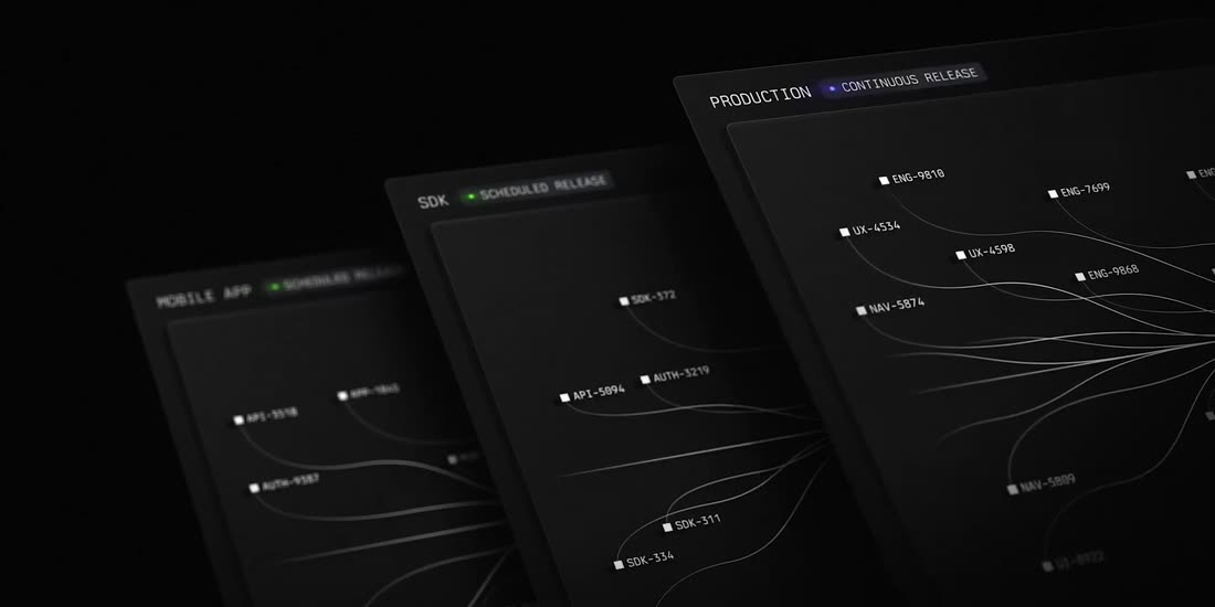 Dark UI panels tilted in 3D space