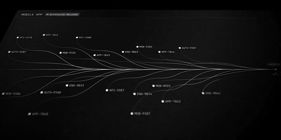Thin white filaments converging on a black ground with tiny monospace labels